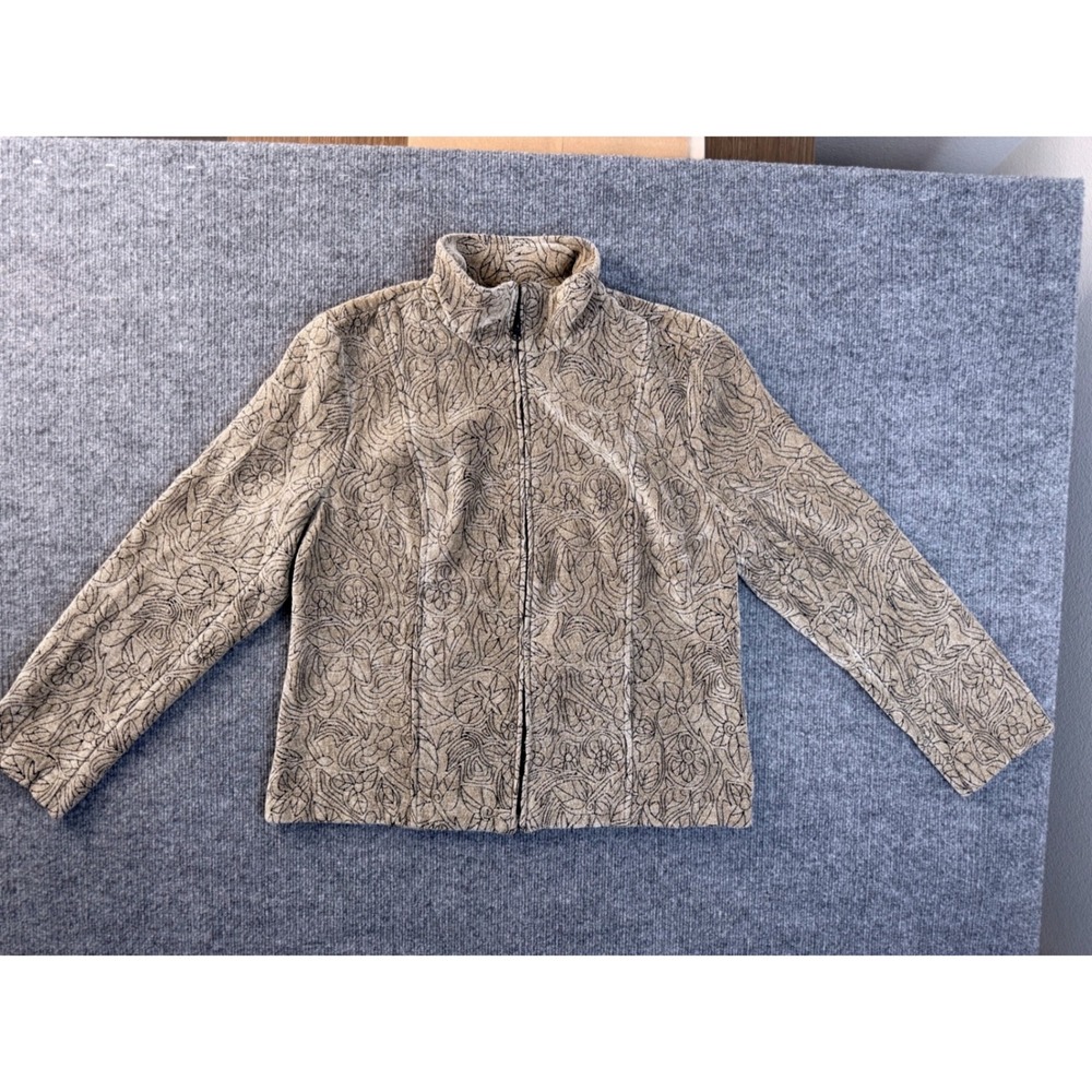Vintage Tan Floral Paisley Zip Up Jacket Women Large Tan Black Mock Neck Y2K